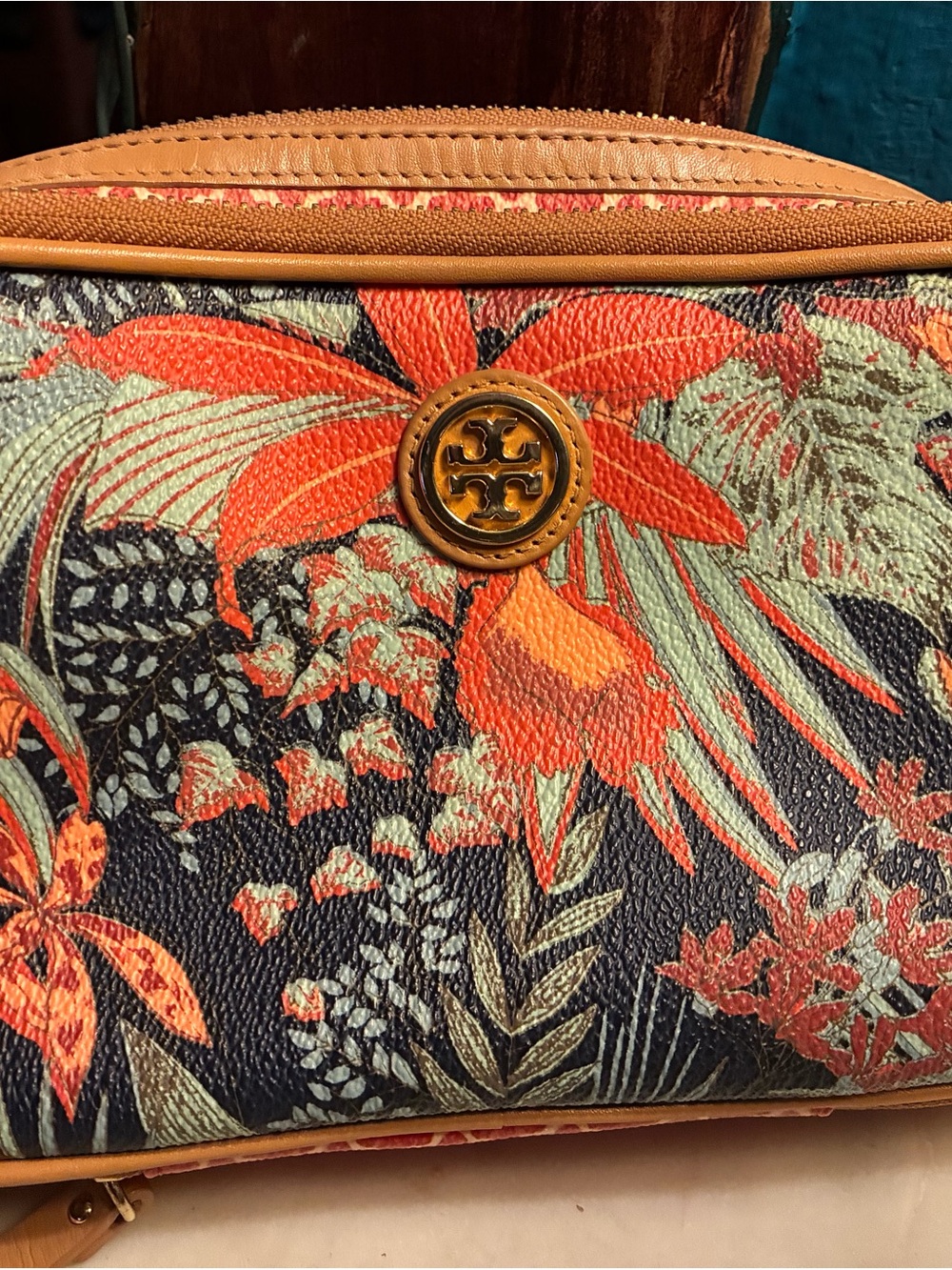 Tory Burch Navy Floral Crossbody with Orange Accents